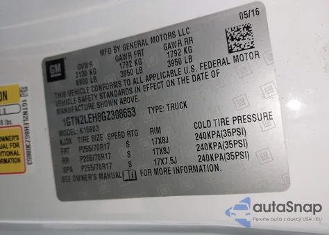 2016 GMC Sierra 1500 из США, поврежденный, VIN 1GTN2LEH8GZ308653